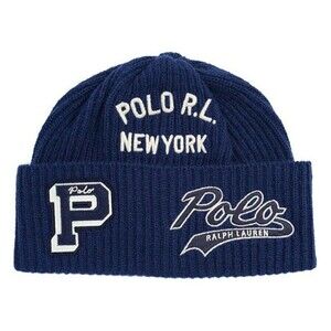 NWT Polo Ralph Lauren Patch Watch Rustic Navy Wool Blend Embroidered Beanie Hat